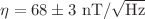 $\eta =68\pm 3~\mathrm{nT}/\sqrt{\mathrm{Hz}}$